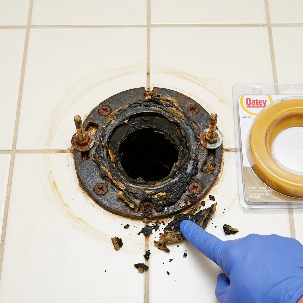 Failed wax ring showing water seepage at the base of a toilet in a Bristol, PA home
