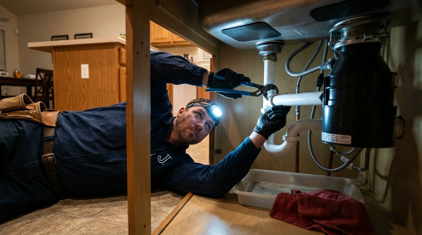 P-trap and supply line connections under a kitchen sink showing a common leak point in Bristol, PA